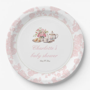 Time for Tea Elegant Pink Floral Toile Paper Plate