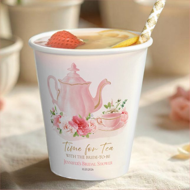 Time for Tea | Gilded Pink Bridal Shower  Paper Cups (Creator Uploaded)