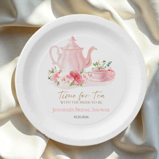 Time for Tea | Gilded Pink Bridal Shower Paper Plate (Creator Uploaded)