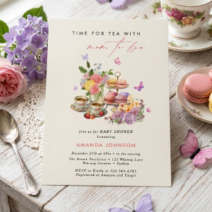 Time for tea macrons cups butterfly baby shower invitation