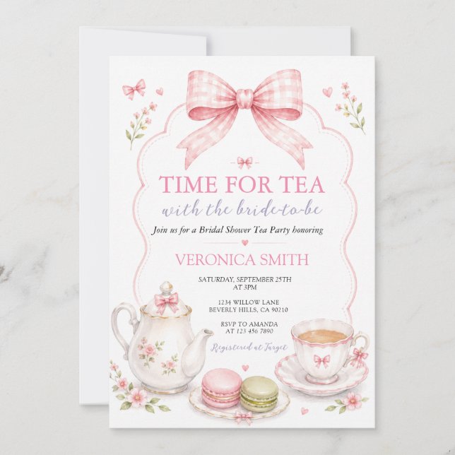 Time for Tea Pink Bow Bridal shower Invitation (Front)