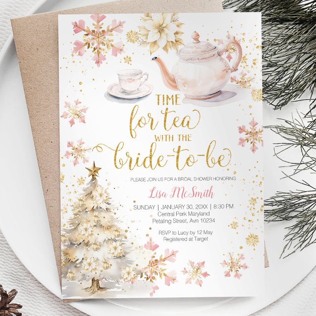 Time For Tea Pink Christmas Gold Bridal Shower Invitation (Creator Uploaded)