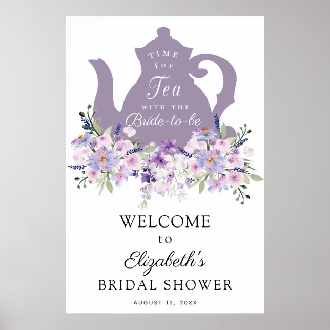 Time for Tea Purple Bridal Shower Welcome Sign (Front)