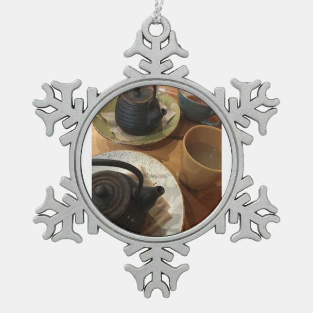 Time for Tea Snowflake Pewter Christmas Ornament (Front)