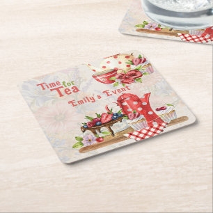 Time for Tea! Vintage Retro Afternoon Tea Party Square Paper Coaster