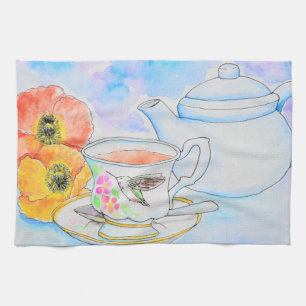 Time for Tea Watercolor Painting Tea Towel