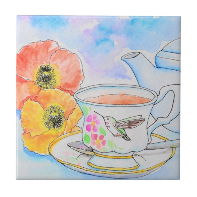 Time for Tea Watercolor Painting Tile (Front)