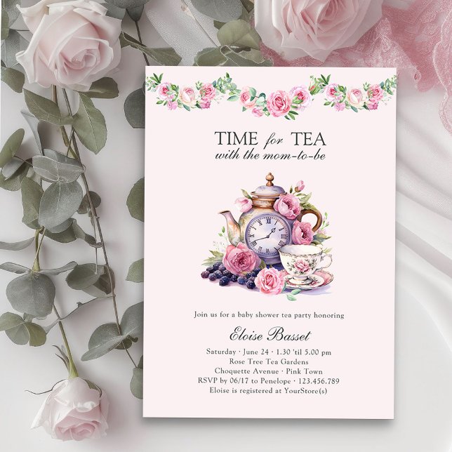 Time for Tea with Mum-to-Be Pink Baby Shower Invitation (Time for Tea Baby Shower Invitation Vintage Tea Party Baby Shower Collection)