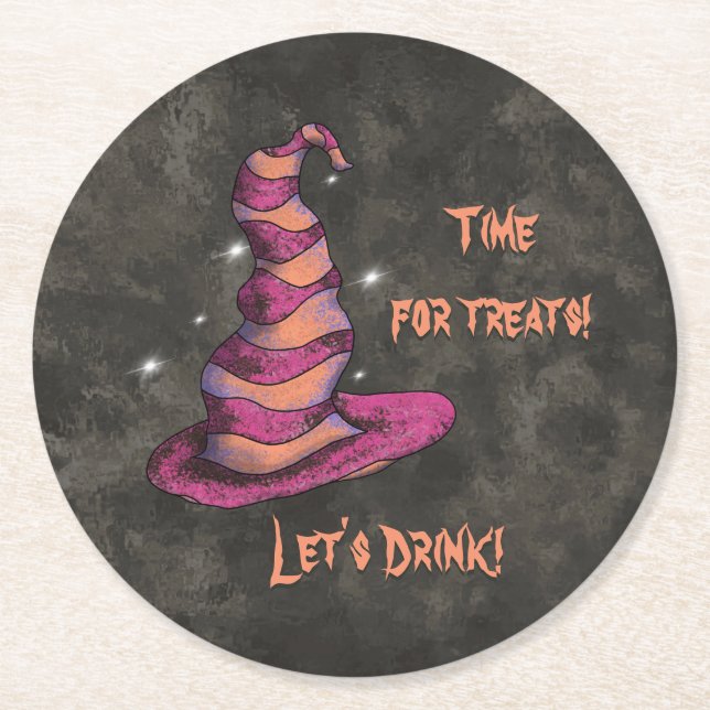 Time for treats, Let's Drink Halloween Witch Round Paper Coaster (Front)