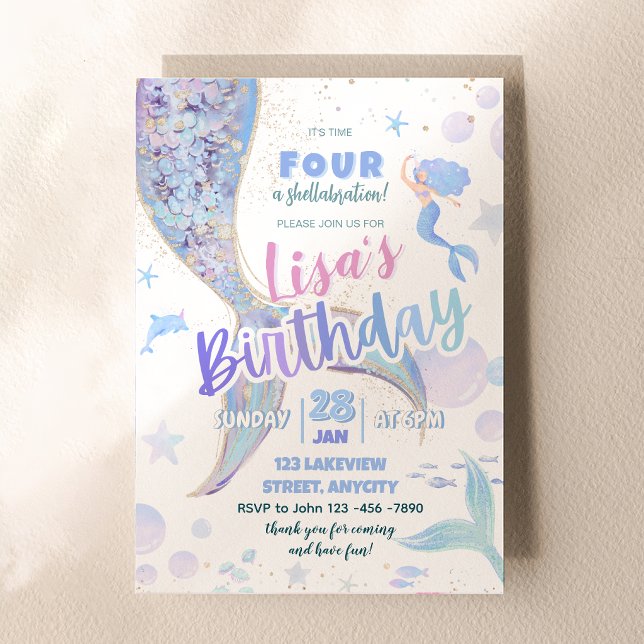 Time FOUR A Shellabration Mermaid 4th Birthday Gir Invitation (Time FOUR A Shellabration Mermaid 4th Birthday Gir Invitation)
