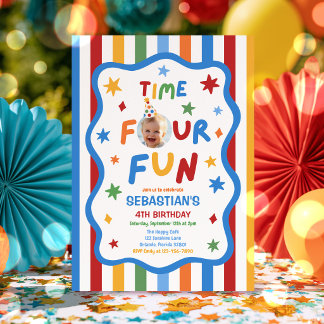 Time Four Fun Colourful Boy 4th Birthday Party Invitation
