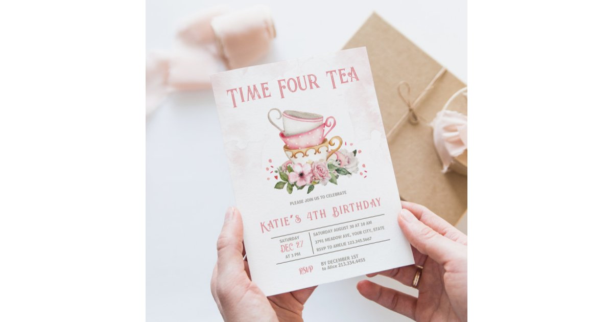 Time Four Tea Invitation Time Four Tea Teacups Theme Birthday Invitation | Zazzle