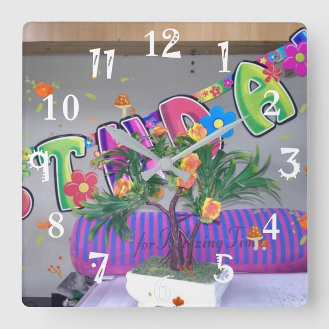 Time Lovely colourful Happy Birthday Square Wall Clock (Front)