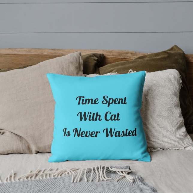 Time Spent With Cat Personalised Pet Quote Blue Cushion (Creator Uploaded)