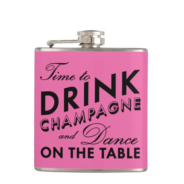 Time to Drink Champagne Pink & Black Flask (Front)