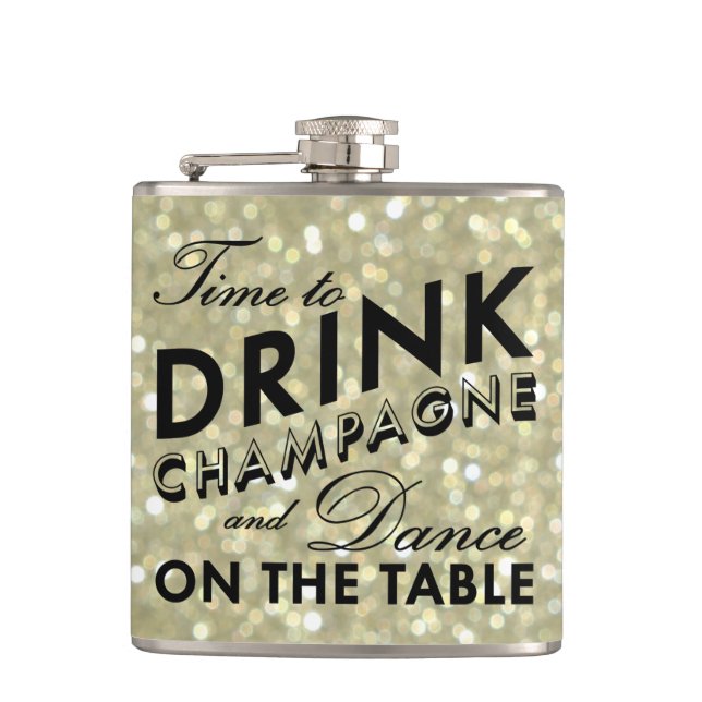 Time to Drink Champagne Sparkly Gold Flask (Front)