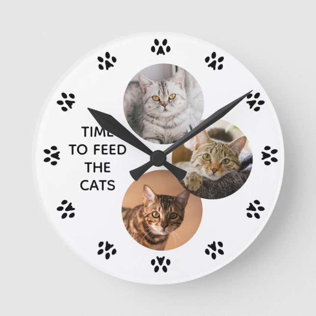"Time To Feed the Cat" Cat Lovers Personalised Round Clock (Front)