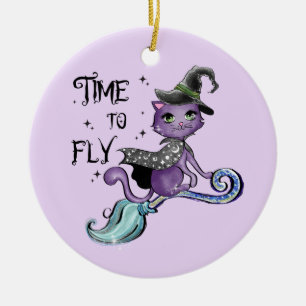 Time To Fly – Cute Purple Witch Cat Halloween Ceramic Tree Decoration