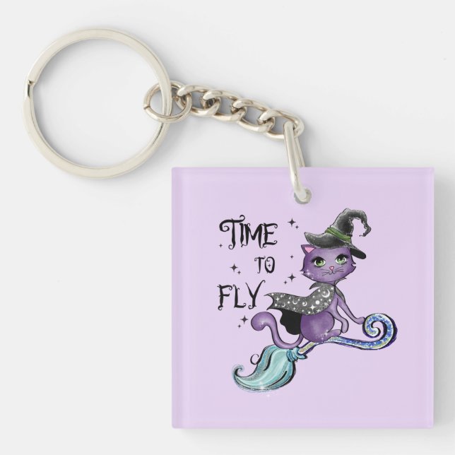 Time To Fly – Cute Purple Witch Cat Halloween Key Ring (Front)