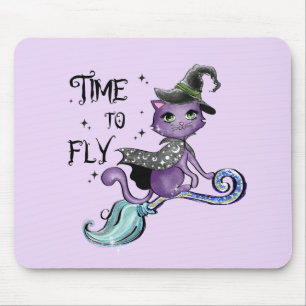 Time To Fly – Cute Purple Witch Cat Halloween Mouse Mat