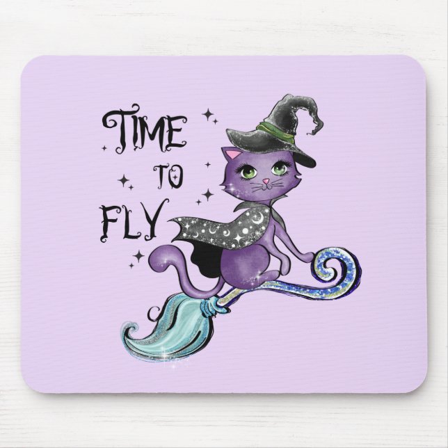 Time To Fly – Cute Purple Witch Cat Halloween Mouse Mat (Front)