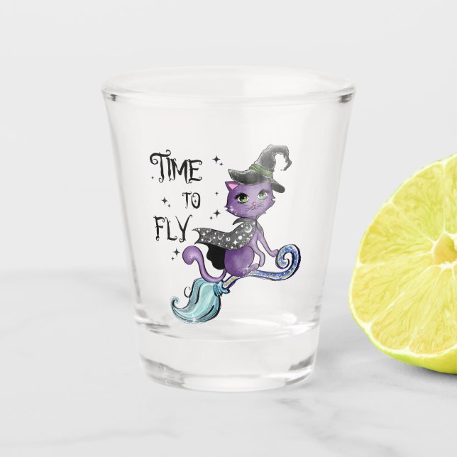 Time To Fly – Cute Purple Witch Cat Halloween Shot Glass (Front)