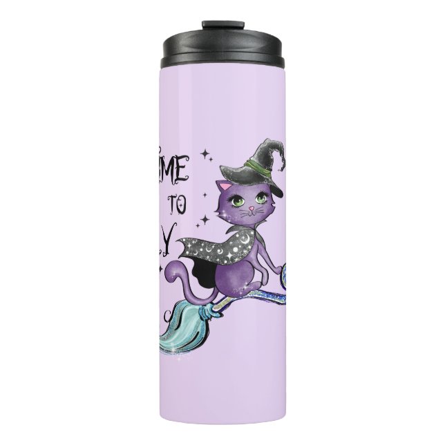 Time To Fly – Cute Purple Witch Cat Halloween Thermal Tumbler (Front)