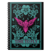 TIME TO FLY - Exotic pink bird/dusky blue flowers