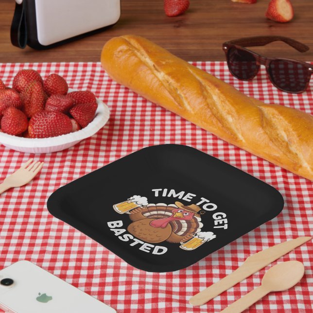 Time To Get Basted Funny Beer Thanksgiving Turkey  Paper Plate (Picnic)