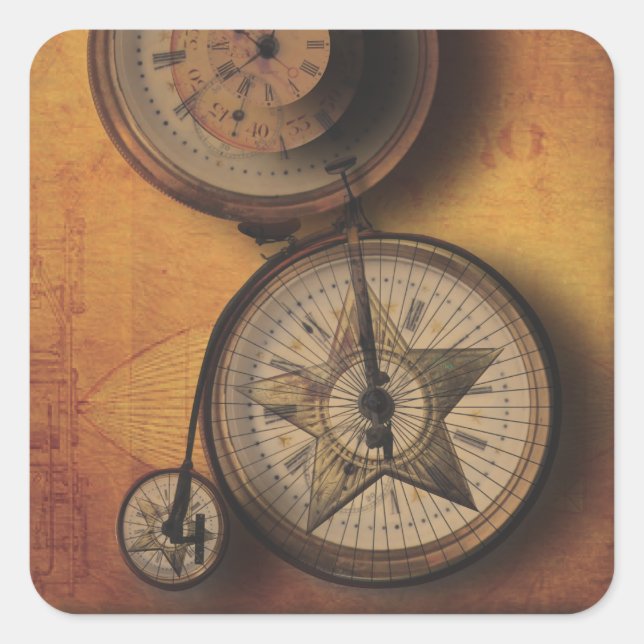 Time to Go Steampunk Clock on Victorian Bicycle Square Sticker (Front)