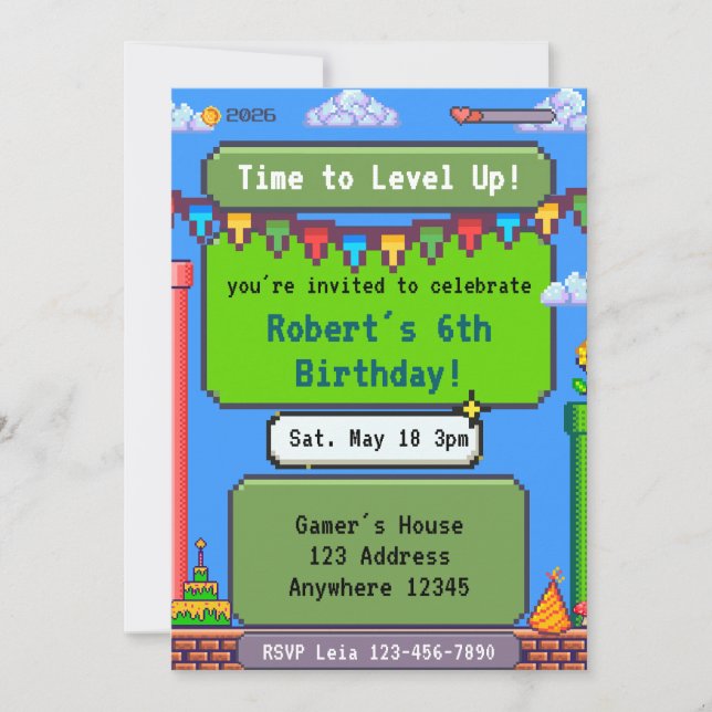 Time to Level Up Pixel Gamer Birthday Invitation (Front)