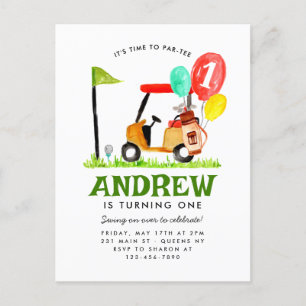 Time to Par-tee Golf Cart Balloon Golf Birthday Postcard