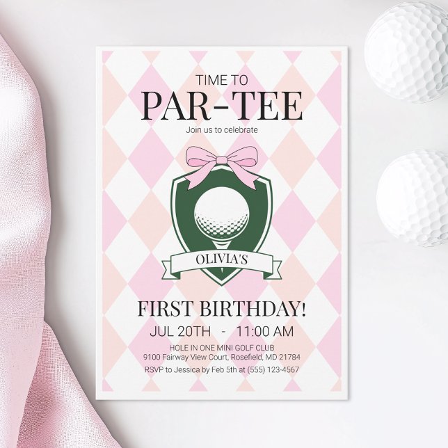 Time to Par-Tee Pink Golf First Birthday Party Invitation (Time to Par-Tee Pink Golf First Birthday Party Invitation)