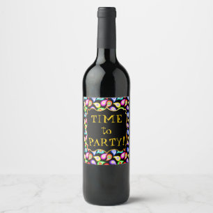 Time To Party! Colourful Flower Paisleys Wine Label