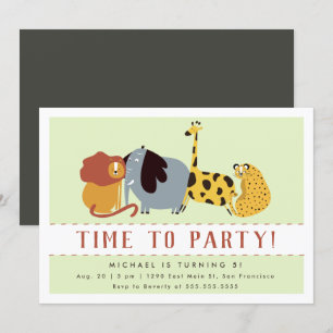 Time To Party! Cute Jungle Animals Kids Birthday Invitation