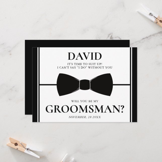 Time to Suit Up Elegant Black/White Groomsman Card (Front/Back In Situ)