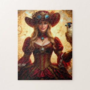 Time Traveling Steampunk Lady with Falcon Jigsaw Puzzle