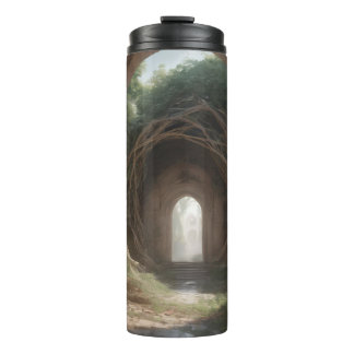 time traveller emerging from a swirling vortex thermal tumbler