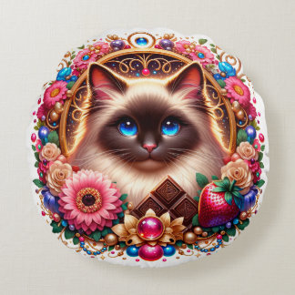 "Time, Treats, and Whiskers" Round Cushion