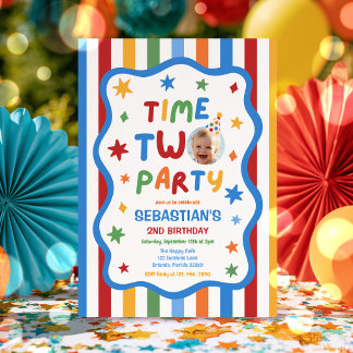 Time Two Party Colourful Boy 2nd Birthday Party Invitation