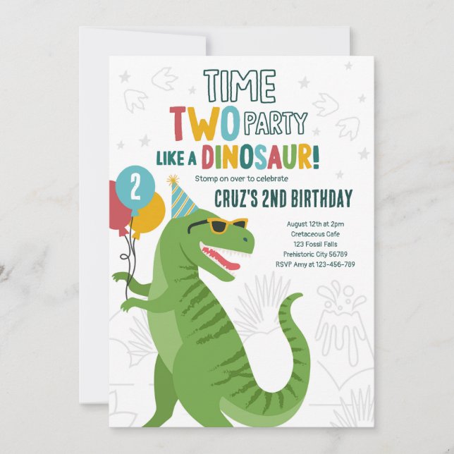 Time Two Party Dinosaur T-Rex 2nd Birthday Party Invitation (Front)