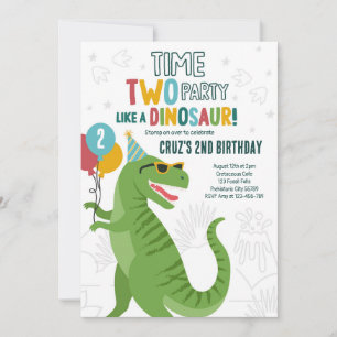Time Two Party Dinosaur T-Rex 2nd Birthday Party Invitation