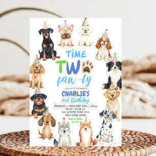 Time Two Pawty Dog Lovers Kids Second Birthday Invitation