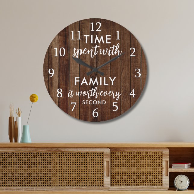 Time With Family Quote Typography Rustic Dark Wood Large Clock (Creator Uploaded)