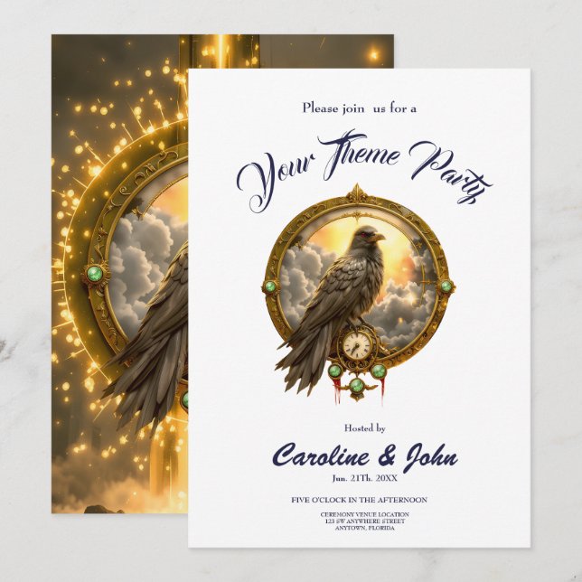 Timekeeper Raven – Gothic Clockwork  Invitation (Front/Back)