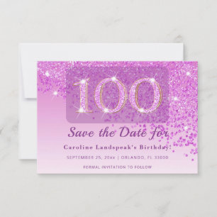 Timeless 100th Birthday Pink Glitter Frosted  Save The Date