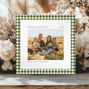 Timeless and Simple Green Gingham Family Photo Holiday Card
