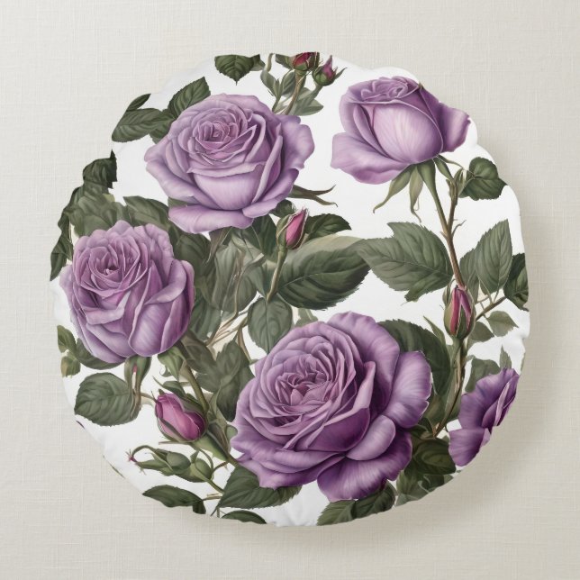 "Timeless Beauty: Purple Provincial Vintage Roses" Round Cushion (Front)