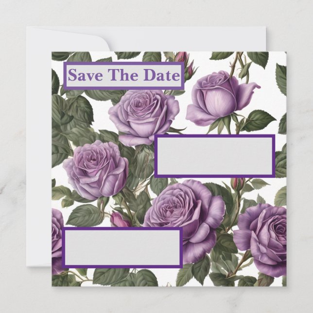 "Timeless Beauty: Purple Provincial Vintage Roses" Save The Date (Front)