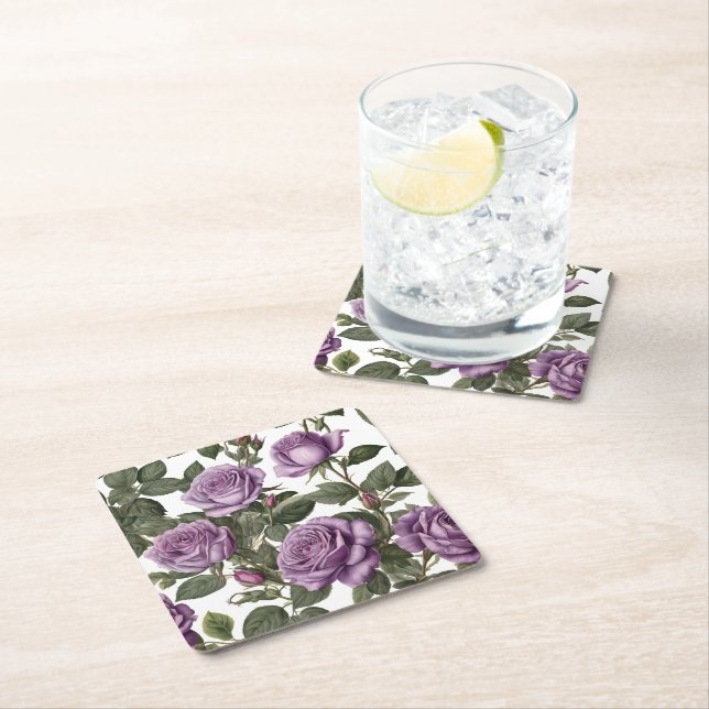 "Timeless Beauty: Purple Provincial Vintage Roses" Square Paper Coaster (Insitu)